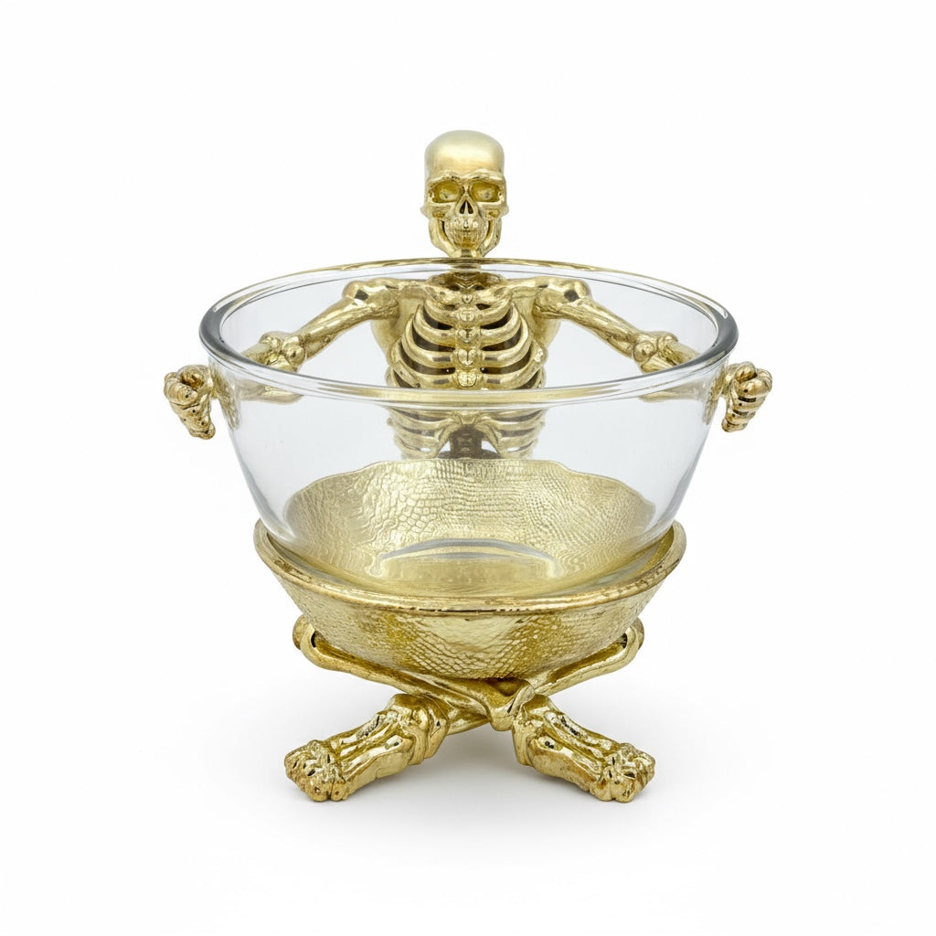 Skeleton Bowl with Glass Insert – Gothic Decorative Dish | Gold, Silver or Antique Finish | Halloween Candy Bowl & Home Decor