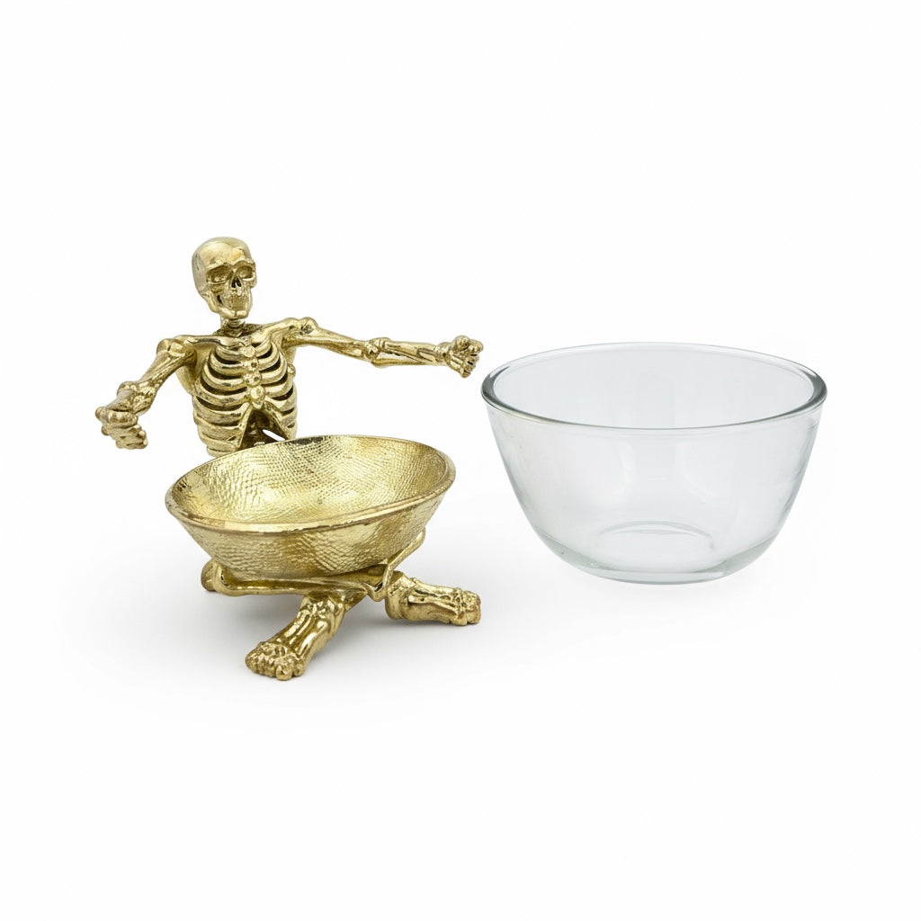 Skeleton Bowl with Glass Insert – Gothic Decorative Dish | Gold, Silver or Antique Finish | Halloween Candy Bowl & Home Decor