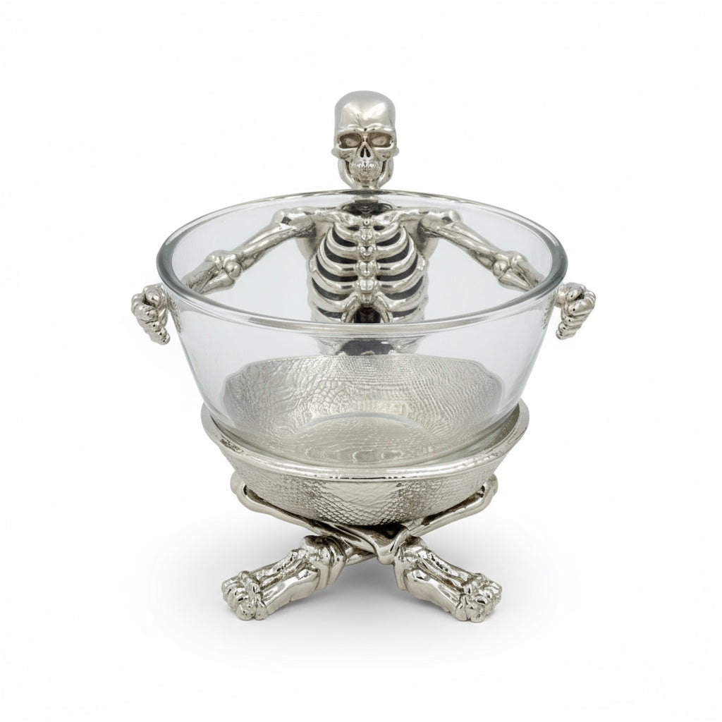 Skeleton Bowl with Glass Insert – Gothic Decorative Dish | Gold, Silver or Antique Finish | Halloween Candy Bowl & Home Decor
