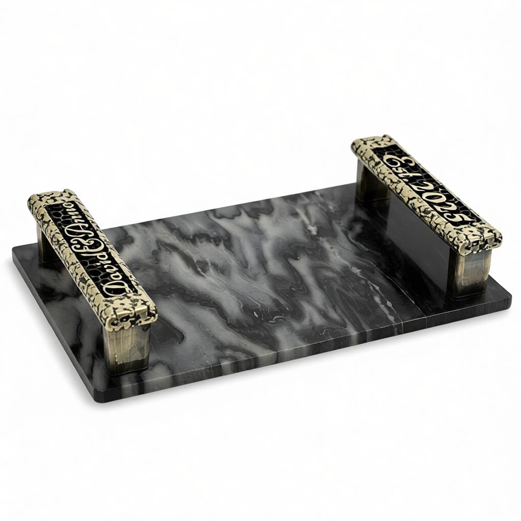 Personalized Black Marble Serving Tray | Custom Engraved Handles with Antique Finish