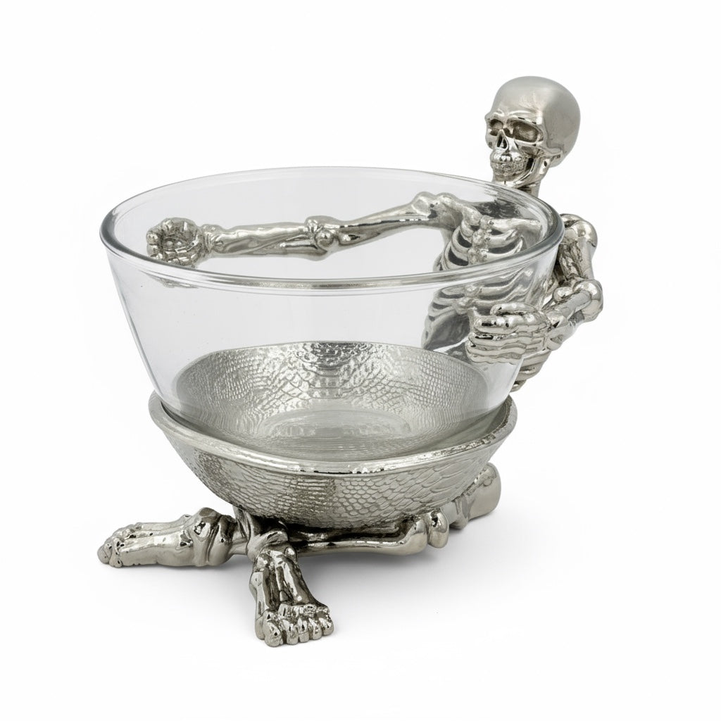 Skeleton Bowl with Glass Insert – Gothic Decorative Dish | Gold, Silver or Antique Finish | Halloween Candy Bowl & Home Decor