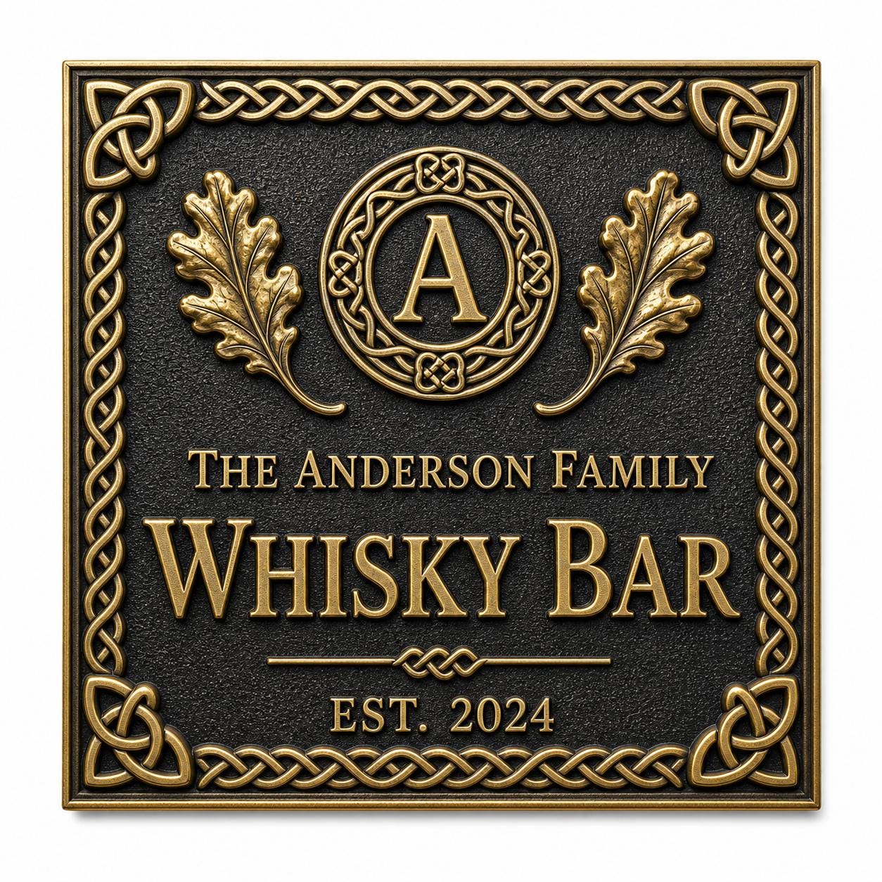 Personalised Celtic Whisky Bar Sign | Antique Brass Irish Pub Plaque | Custom Family Home Bar Gift