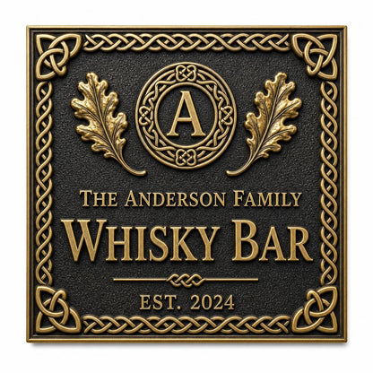 Personalised Celtic Whisky Bar Sign | Antique Brass Irish Pub Plaque | Custom Family Home Bar Gift