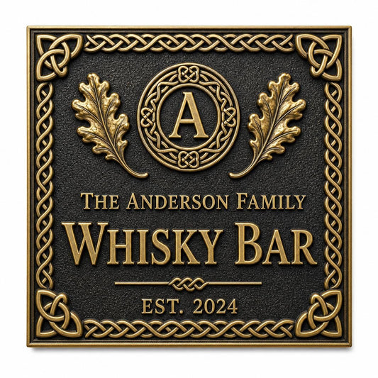 Personalised Celtic Whisky Bar Sign | Antique Brass Irish Pub Plaque | Custom Family Home Bar Gift