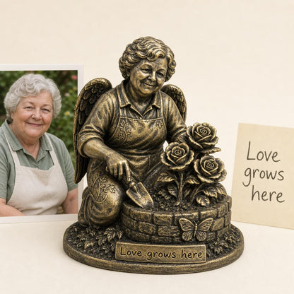 Personalised Grandma Memorial Figurine from Photo, Antique Brass Angel Gardener Statue, Custom Remembrance Gift