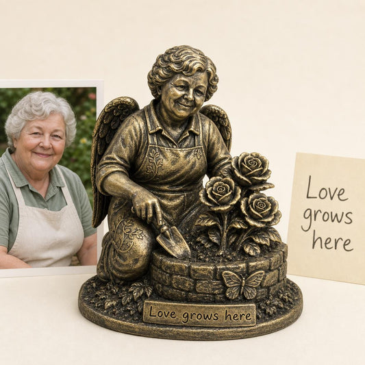 Personalised Grandma Memorial Figurine from Photo, Antique Brass Angel Gardener Statue, Custom Remembrance Gift