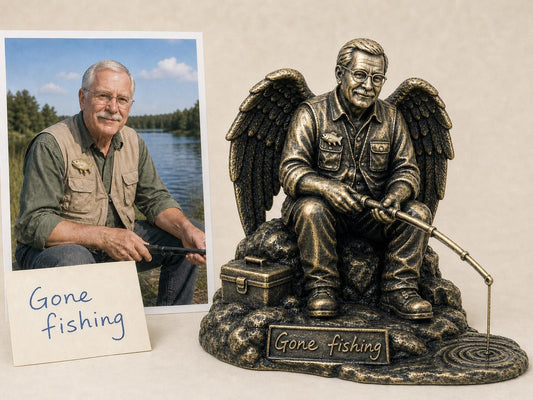 Personalised Fishing Memorial Figurine from Photo, Antique Brass Angel Statue, Grandpa Remembrance Gift