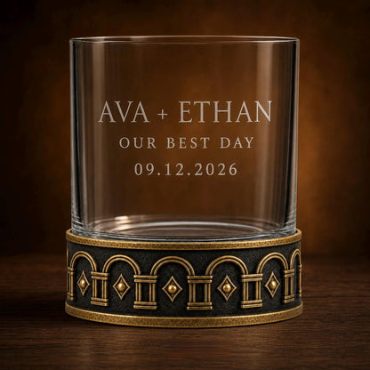 Personalised Laser Etched Brass Base Whiskey Glass | Signature Monogram/Name Glasses | Wedding Gift Set