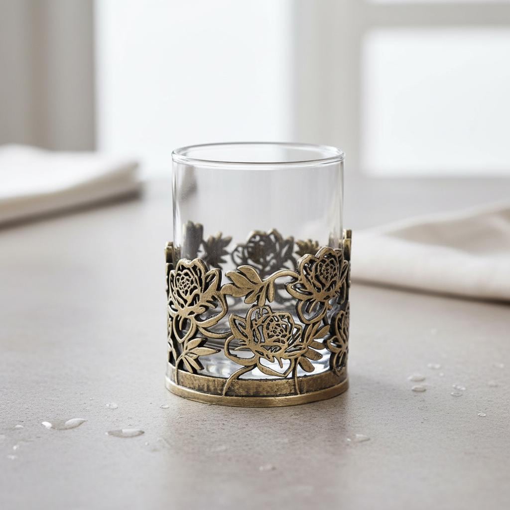 Floral Whiskey Glass – Openwork Metal Holder, 10 oz