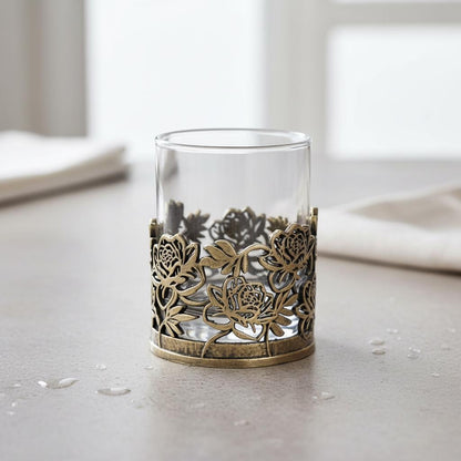 Floral Whiskey Glass – Openwork Metal Holder, 10 oz