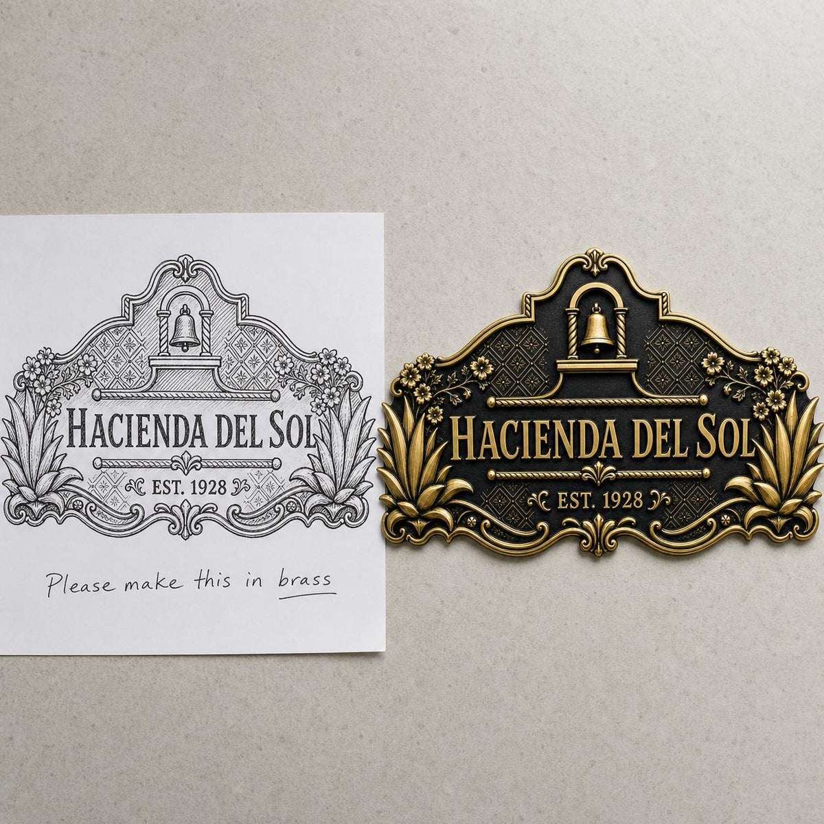 Personalized Antique Brass House Name Plaque | Spanish Style Address Sign