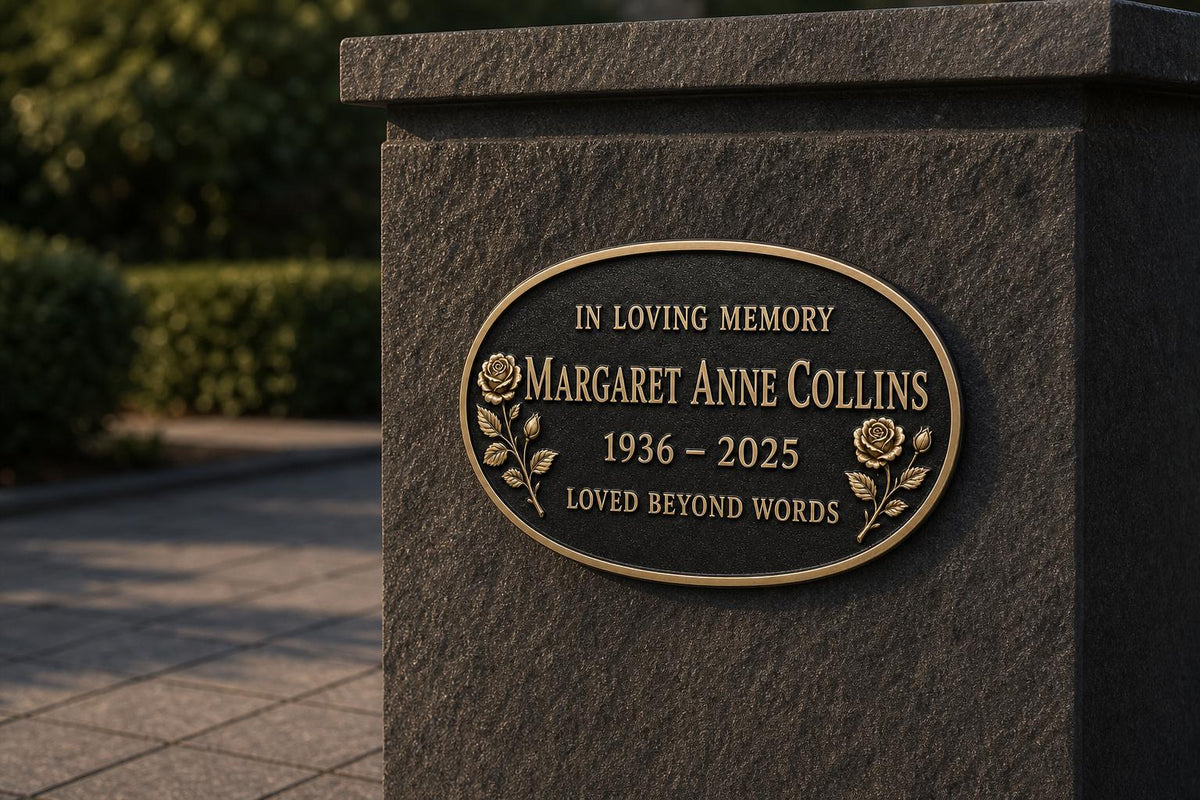 Personalised Tribute Plaque, Floral Memorial Sign, Antique Brass Finish