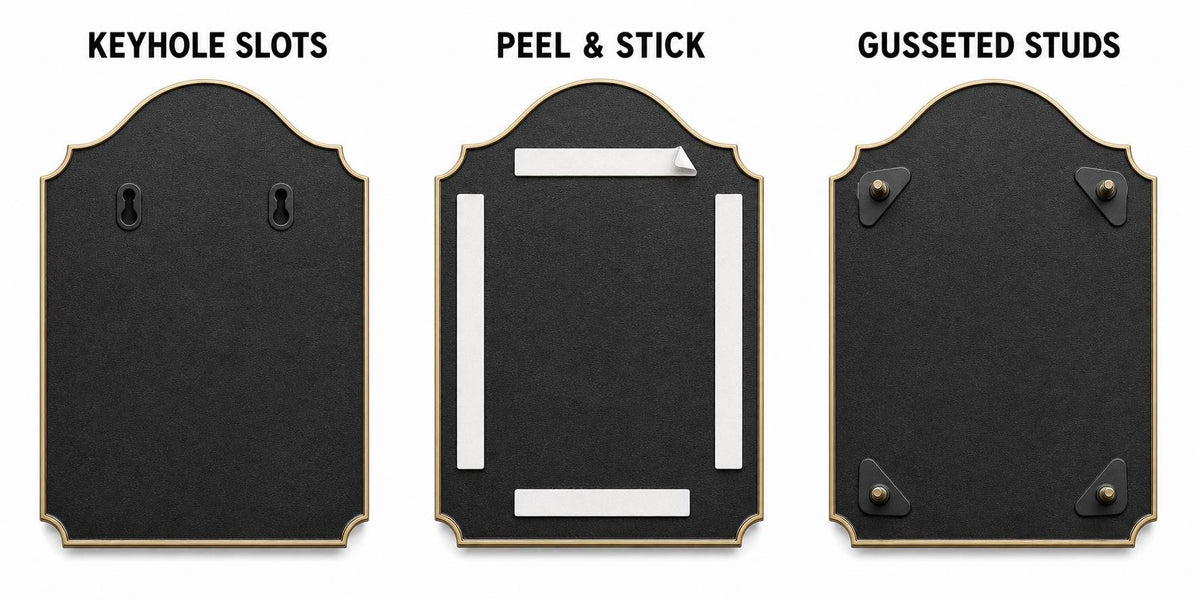 Mounting options for the fern address plaque: keyhole slots, peel and stick, or gusseted studs