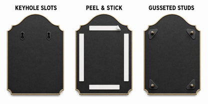 Mounting options for the fern address plaque: keyhole slots, peel and stick, or gusseted studs
