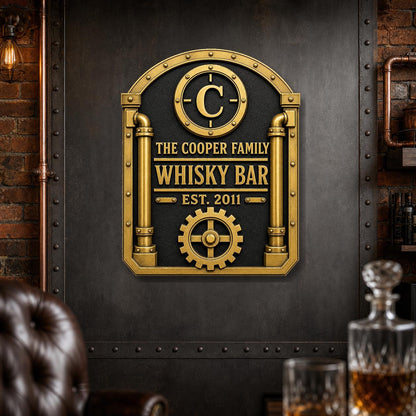 Personalised Industrial Whisky Bar Sign | Antique Brass Steampunk Bar Plaque | Custom Family Wall Decor