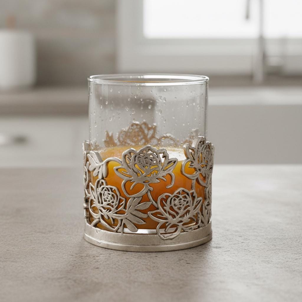 Floral Whiskey Glass – Openwork Metal Holder, 10 oz