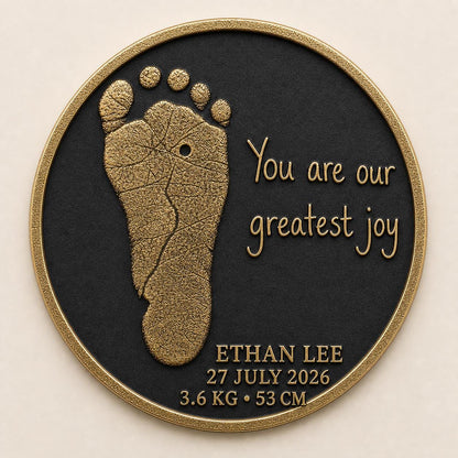 Personalised Baby Footprint Plaque, Custom Birth Stats Keepsake, Antique Brass Gift