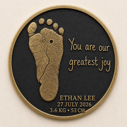 Personalised Baby Footprint Plaque, Custom Birth Stats Keepsake, Antique Brass Gift
