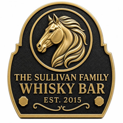 Personalised Horse Head Whisky Bar Plaque | Custom Family Bar Sign | Handcrafted Antique Brass Wall Decor