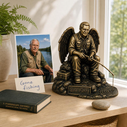 Personalised Fishing Memorial Figurine from Photo, Antique Brass Angel Statue, Grandpa Remembrance Gift