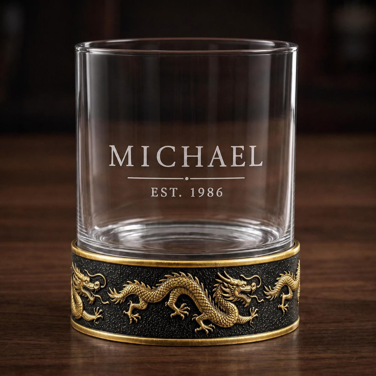 Personalised Laser Etched Brass Base Whiskey Glass | Signature Name/Logo Glasses | Dragon Metal Design