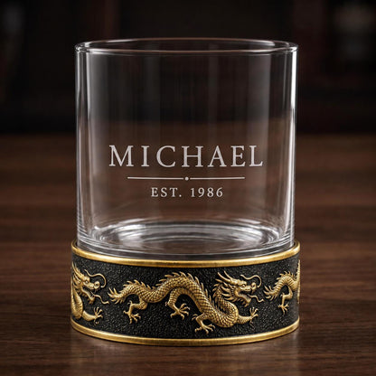 Personalised Laser Etched Brass Base Whiskey Glass | Signature Name/Logo Glasses | Dragon Metal Design