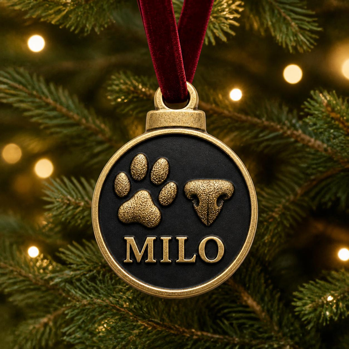 Round pet print ornament with MILO hanging on a lit Christmas tree