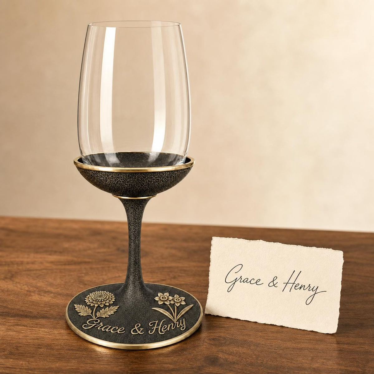 
Birth flower wine glass with sample raised handwriting on its base