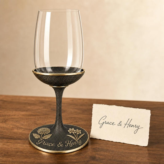 
Birth flower wine glass with sample raised handwriting on its base