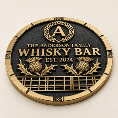 Personalised Scottish Whisky Bar Sign | Antique Brass Round Tartan Plaque | Custom Family Home Bar Gift