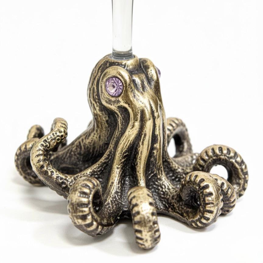 Octopus Martini Glass – Antique Brass Base with Gemstone Eyes, 6.5 oz