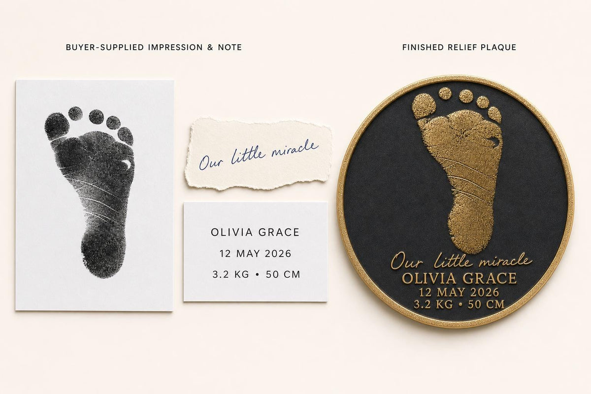 Personalised Baby Handprint Footprint Plaque, Custom Birth Stats Keepsake, Antique Brass Newborn Impression Gift