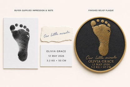 Personalised Baby Handprint Footprint Plaque, Custom Birth Stats Keepsake, Antique Brass Newborn Impression Gift