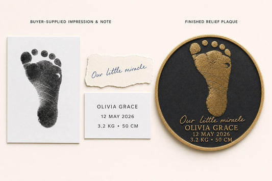 Personalised Baby Handprint Footprint Plaque, Custom Birth Stats Keepsake, Antique Brass Newborn Impression Gift