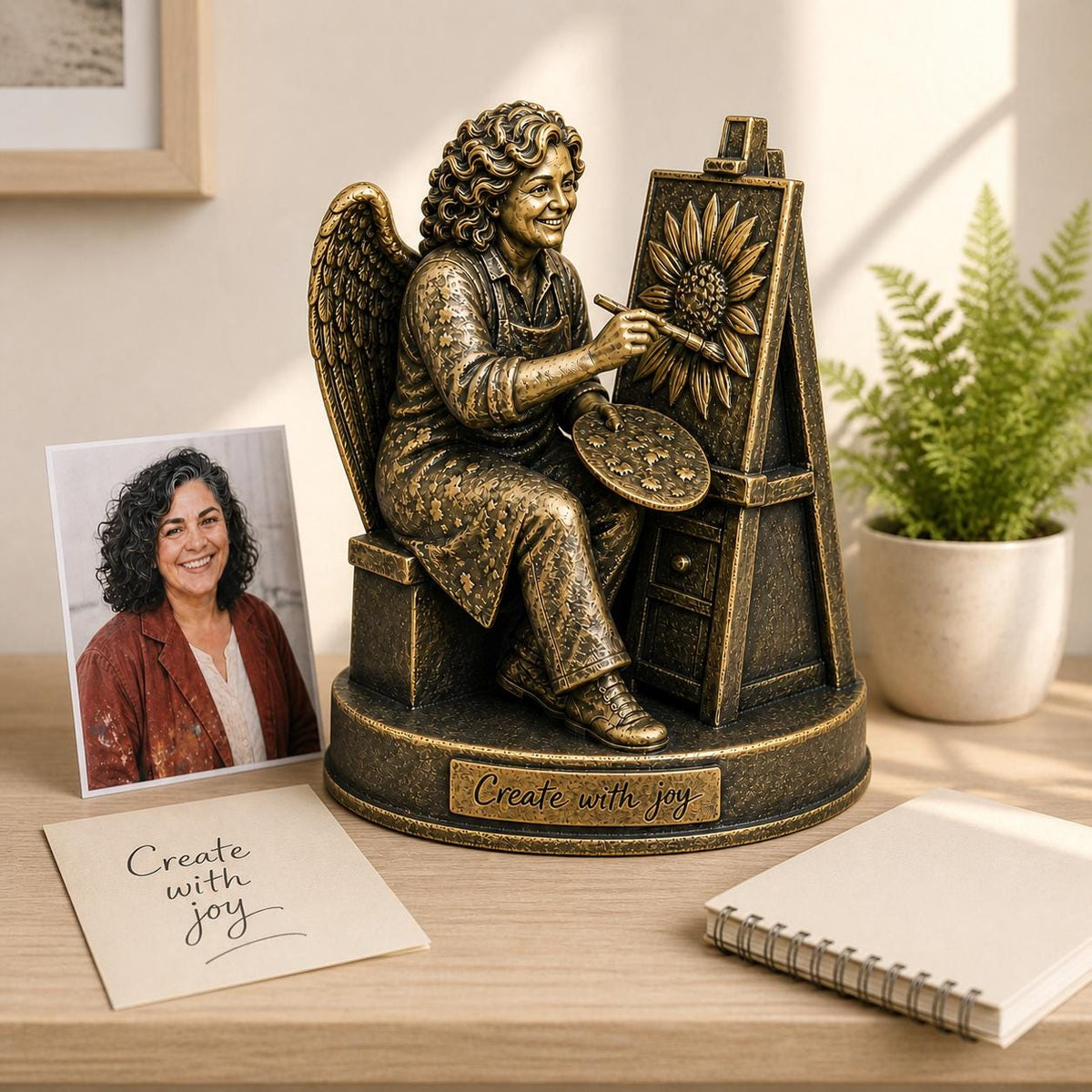 Personalised Painter Memorial Figurine from Photo, Antique Brass Angel Statue, Artist Remembrance Gift