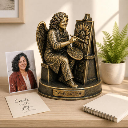 Personalised Painter Memorial Figurine from Photo, Antique Brass Angel Statue, Artist Remembrance Gift