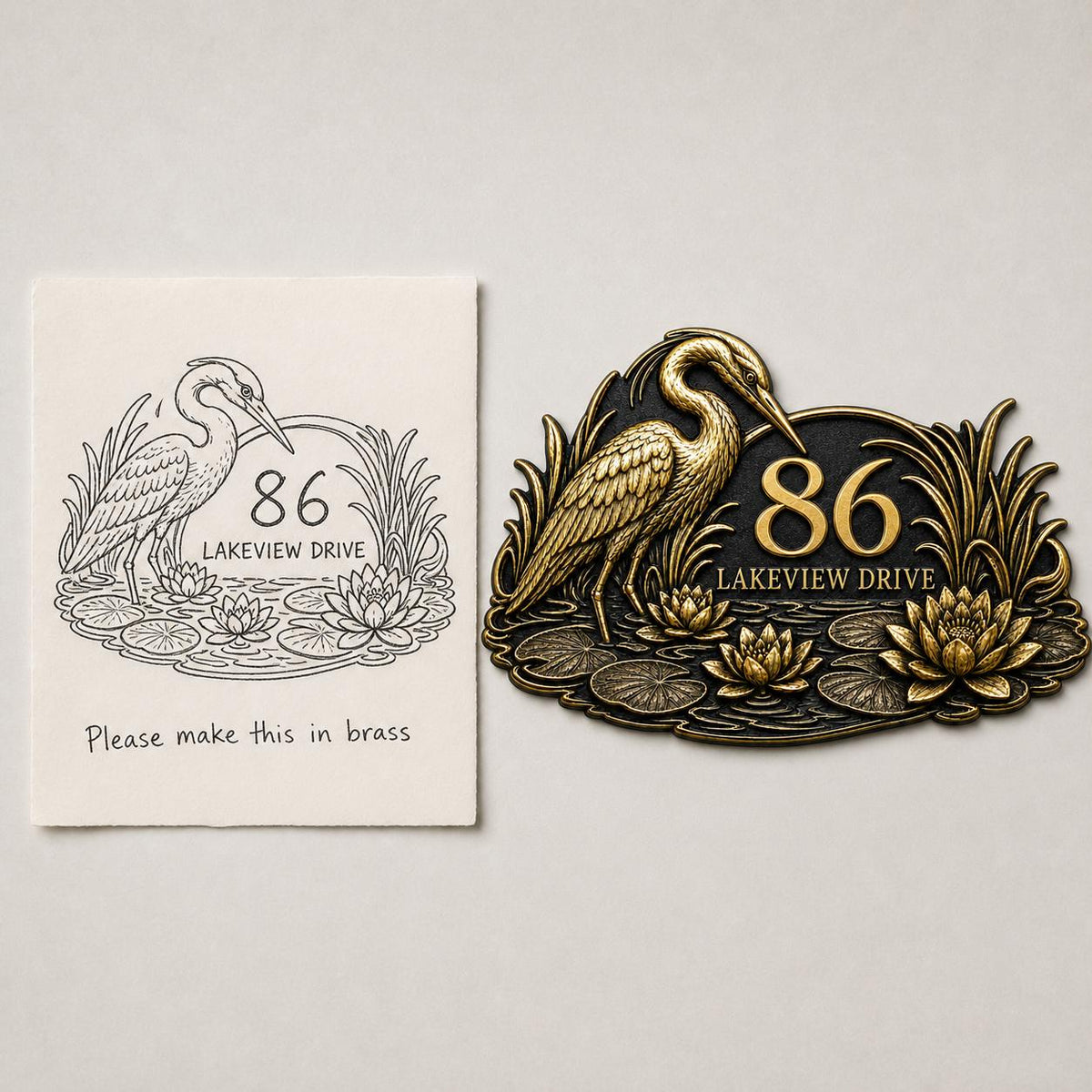 Design Your Own Custom House Number Plaque | Personalized Antique Brass Lotus Address Sign