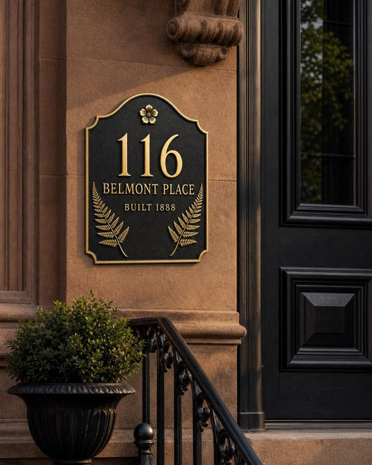 Personalised Fern Address Plaque | Custom Antique Brass House Number | Vintage Wall Decor