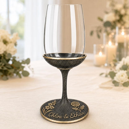 Personalised Handwriting Birth Flower Wine Glass, Gladiolus & Marigold Antique Brass Base