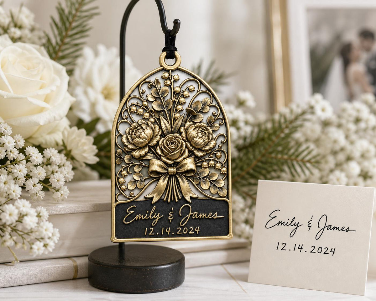 Large Personalized Wedding Ornament | Custom Couple Christmas Keepsake | Copper & Brass Charms