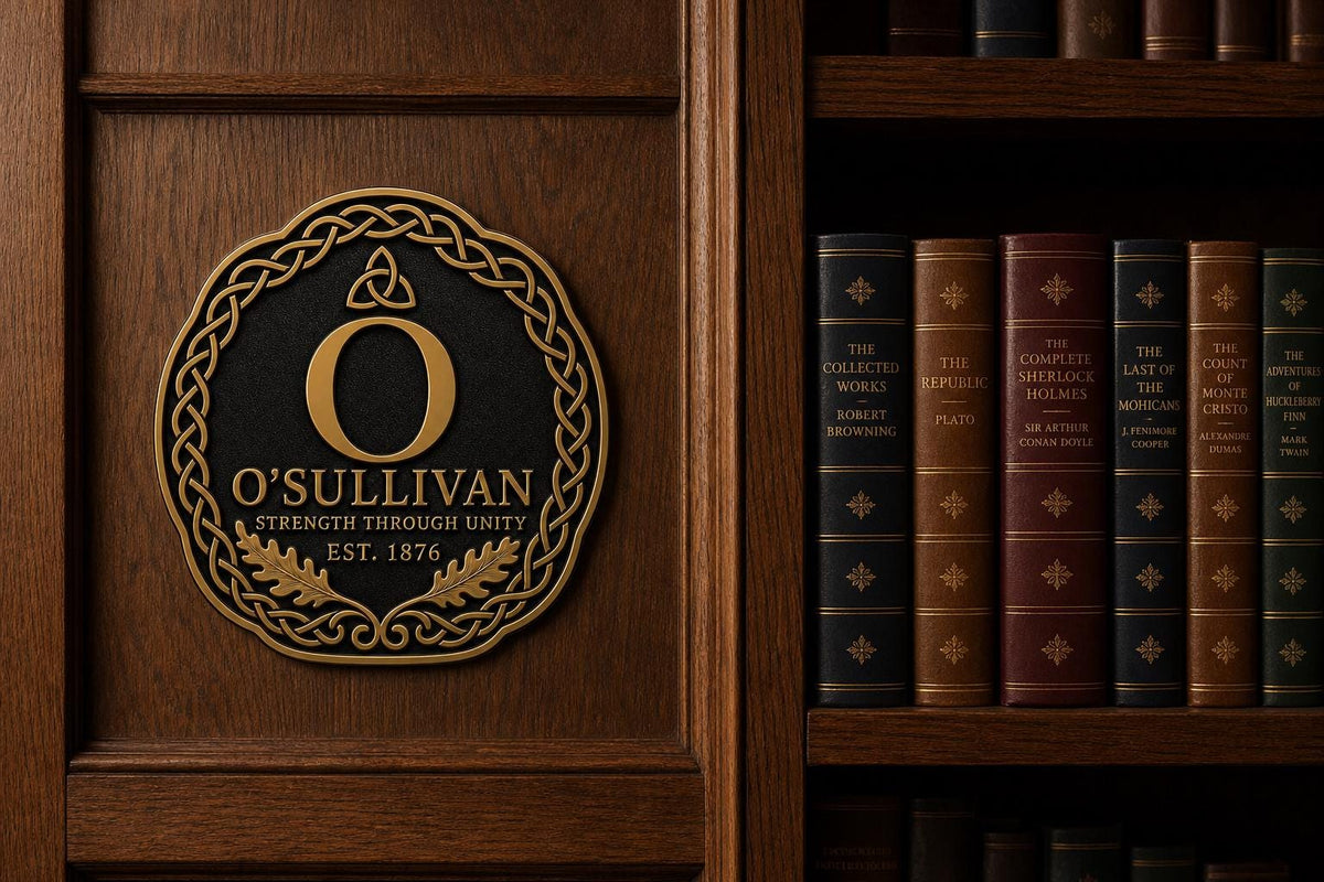 Design Your Own Celtic Knot Crest Plaque | Custom Initial, Surname & Motto | Antique Brass Wall Sign