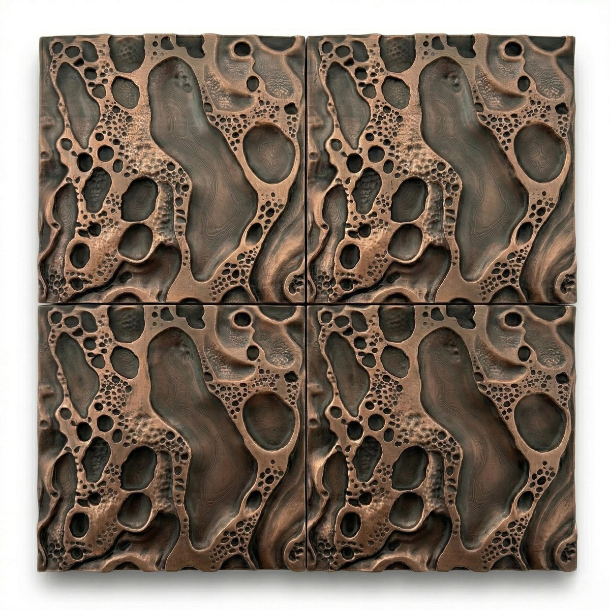 Four cosmic crater tiles in antique copper