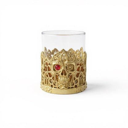 Gemstone Skull Whiskey Glass – Gold Holder, 10 oz