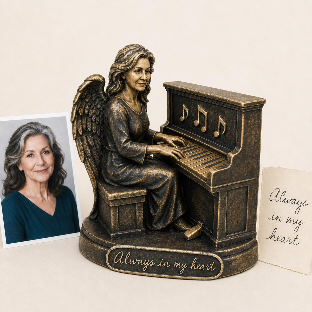 Personalised Piano Memorial Figurine from Photo, Antique Brass Angel Statue, Musician Remembrance Gift