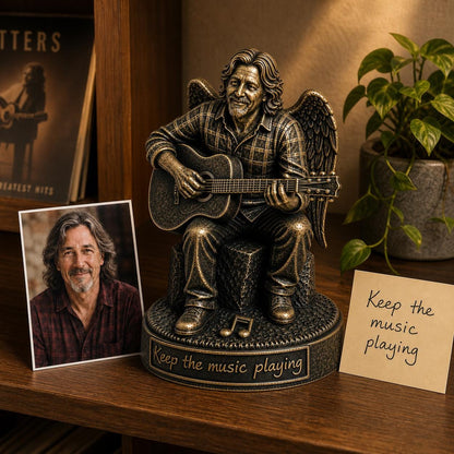 Personalised Guitar Memorial Figurine from Photo, Antique Brass Angel Statue, Musician Remembrance Gift