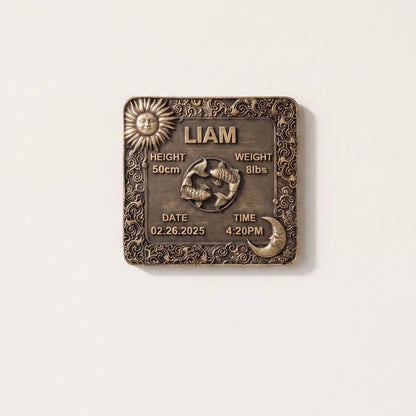 Personalized Brass Birth Plaque Tile for New Borns | Brass Zodiac Sun Sign Plaques | Antique Gold Finish