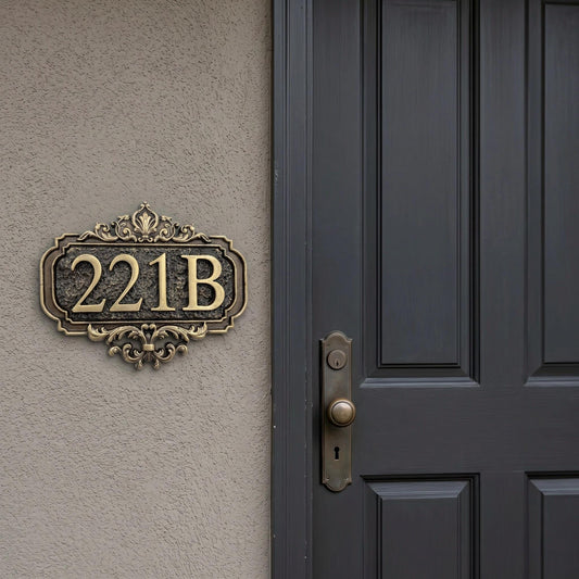 
Ornate house number plaque reading 221B on a taupe wall beside a gray door