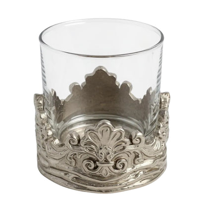 Set of 4 - Intricate Baroque-style Crown Detail Whisky Glasses | Juice Glasses | Statement Barware | Gold, Silver or Antique Finish