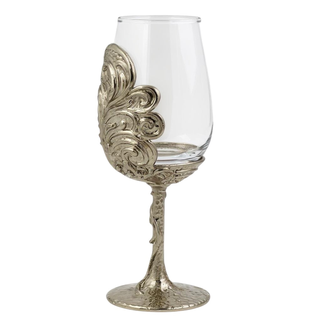 Set of 4 - Intricate Leaf/Ambi Design Wine Glasses | Decorative Drinkware | Statement Barware | Silver, Gold or Antique Finish