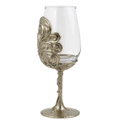 Set of 4 - Intricate Leaf/Ambi Design Wine Glasses | Decorative Drinkware | Statement Barware | Silver, Gold or Antique Finish